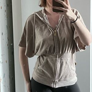 Y2K Beige Women's Short-Sleeve Terry Cloth Zip-Up Hoodie Top